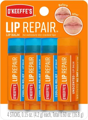 O'Keeffe's Lip Repair Lip Balm for Dry, Cracked Lips, Stick, (Pack of 4: 3 Cooling   1 Unscented)
