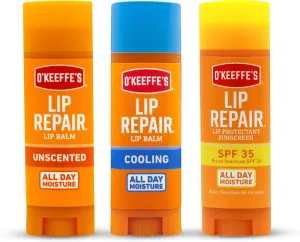 O'Keeffe's Lip Repair Lip Balm Set for Dry, Cracked Lips - Stick (Pack of 3: 1 Cooling   1 Unscented   1 SPF) - Moisturizer for for Extremely Cracked, Dry Lips