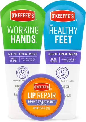 O'Keeffe's Night Treatment Combo Pack Including Working Hands Night Treatment Hand Cream, Healthy Feet Night Treatment Foot Cream and Lip Repair Night Treatment Lip Balm; Gift Idea