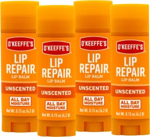 O'Keeffe's Unscented Lip Repair Lip Balm for Dry, Cracked Lips, Stick, (Pack of 4)