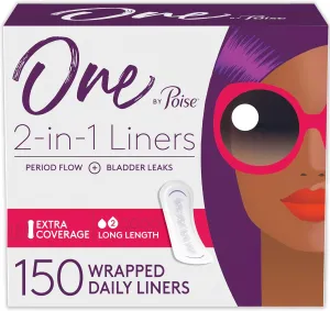 One by Poise Panty Liners (2-in-1 Period & Bladder Leakage Daily Liner), Long, Extra Coverage for Period Flow, Very Light Absorbency for Bladder Leaks, 150 Count (3 Pack of 50)
