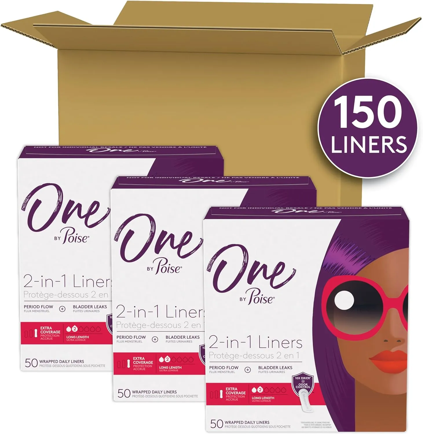 One by Poise Panty Liners (2-in-1 Period & Bladder Leakage Daily Liner), Long, Extra Coverage for Period Flow, Very Light Absorbency for Bladder Leaks, 150 Count (3 Pack of 50)