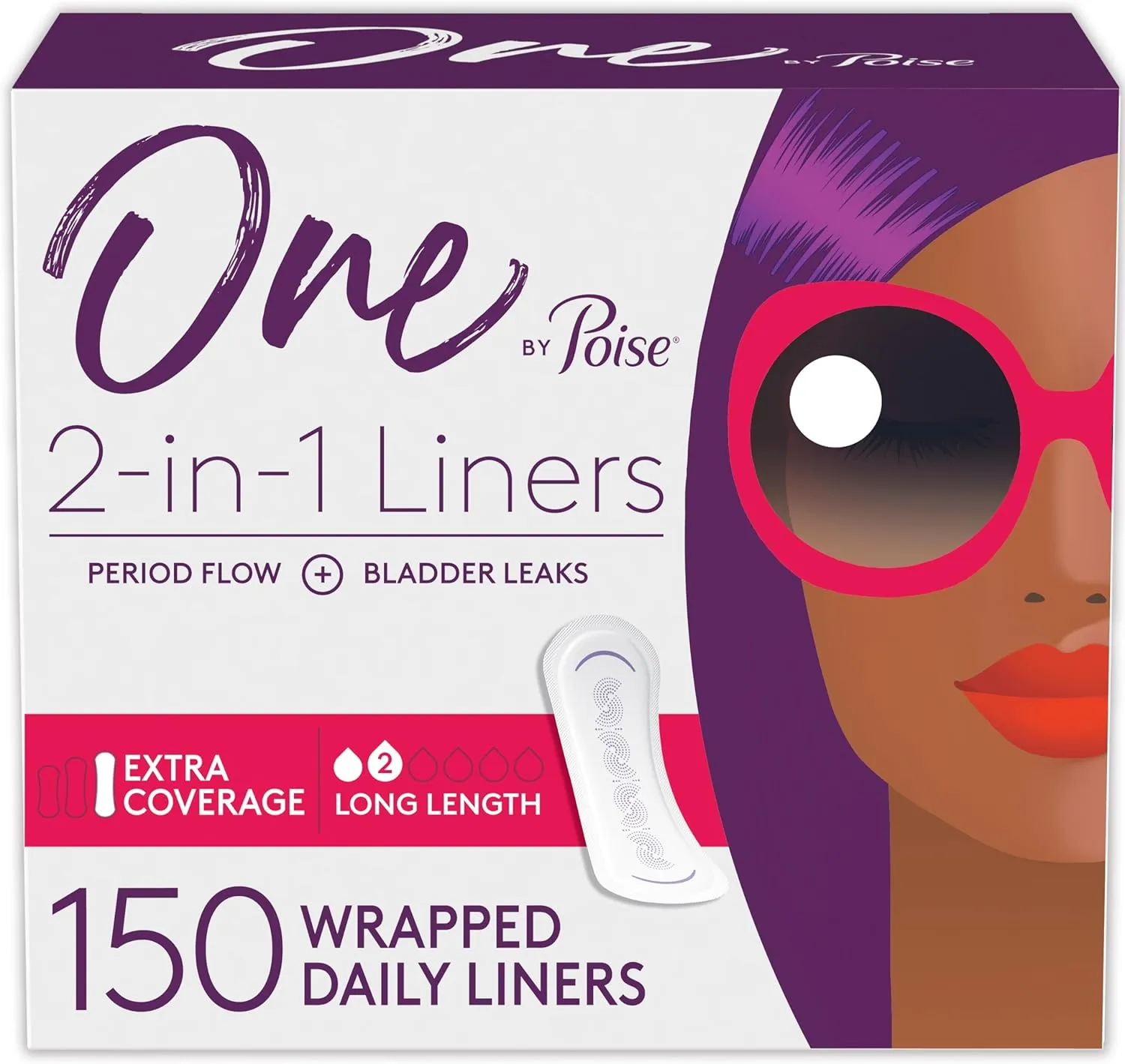 One by Poise Panty Liners (2-in-1 Period & Bladder Leakage Daily Liner), Long, Extra Coverage for Period Flow, Very Light Absorbency for Bladder Leaks, 150 Count (3 Pack of 50)