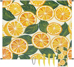 Oranges Lemon Beach Blanket, Sandproof Beach Mat, 68 x 59 Waterproof Quick Drying Sand Free Mat with 4 x Ground Spikes for Outdoor Travel Camping Hiking, Orange Fruit Leaves