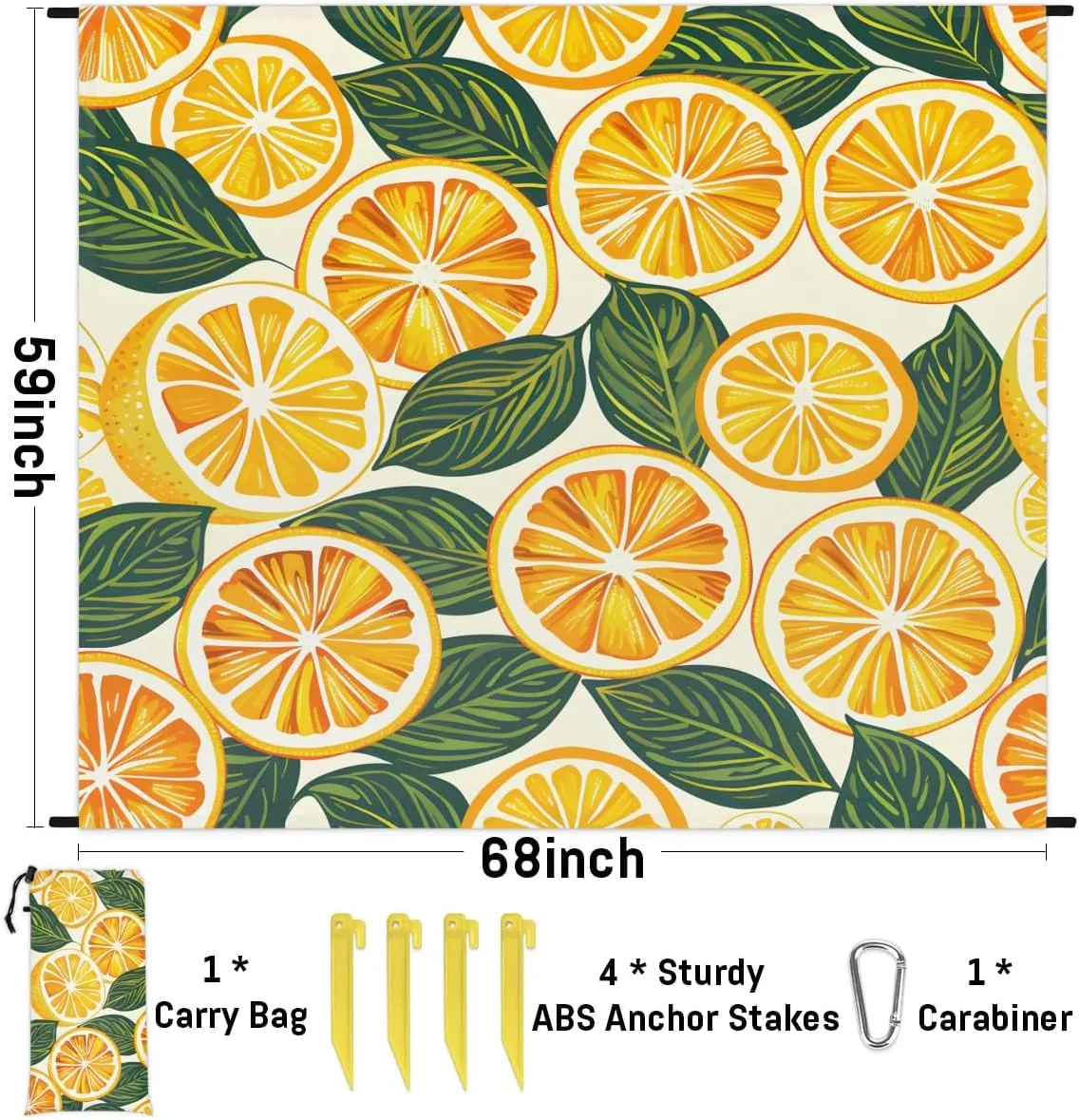 Oranges Lemon Beach Blanket, Sandproof Beach Mat, 68 x 59 Waterproof Quick Drying Sand Free Mat with 4 x Ground Spikes for Outdoor Travel Camping Hiking, Orange Fruit Leaves