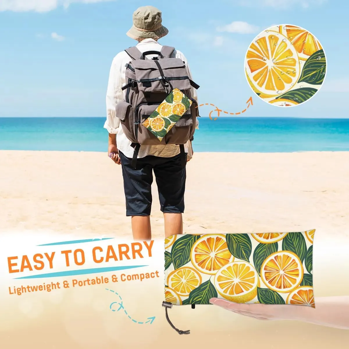Oranges Lemon Beach Blanket, Sandproof Beach Mat, 68 x 59 Waterproof Quick Drying Sand Free Mat with 4 x Ground Spikes for Outdoor Travel Camping Hiking, Orange Fruit Leaves