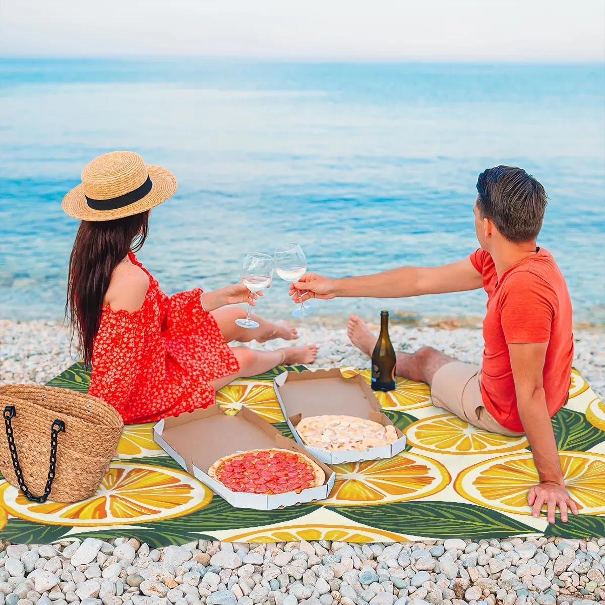 Oranges Lemon Beach Blanket, Sandproof Beach Mat, 68 x 59 Waterproof Quick Drying Sand Free Mat with 4 x Ground Spikes for Outdoor Travel Camping Hiking, Orange Fruit Leaves