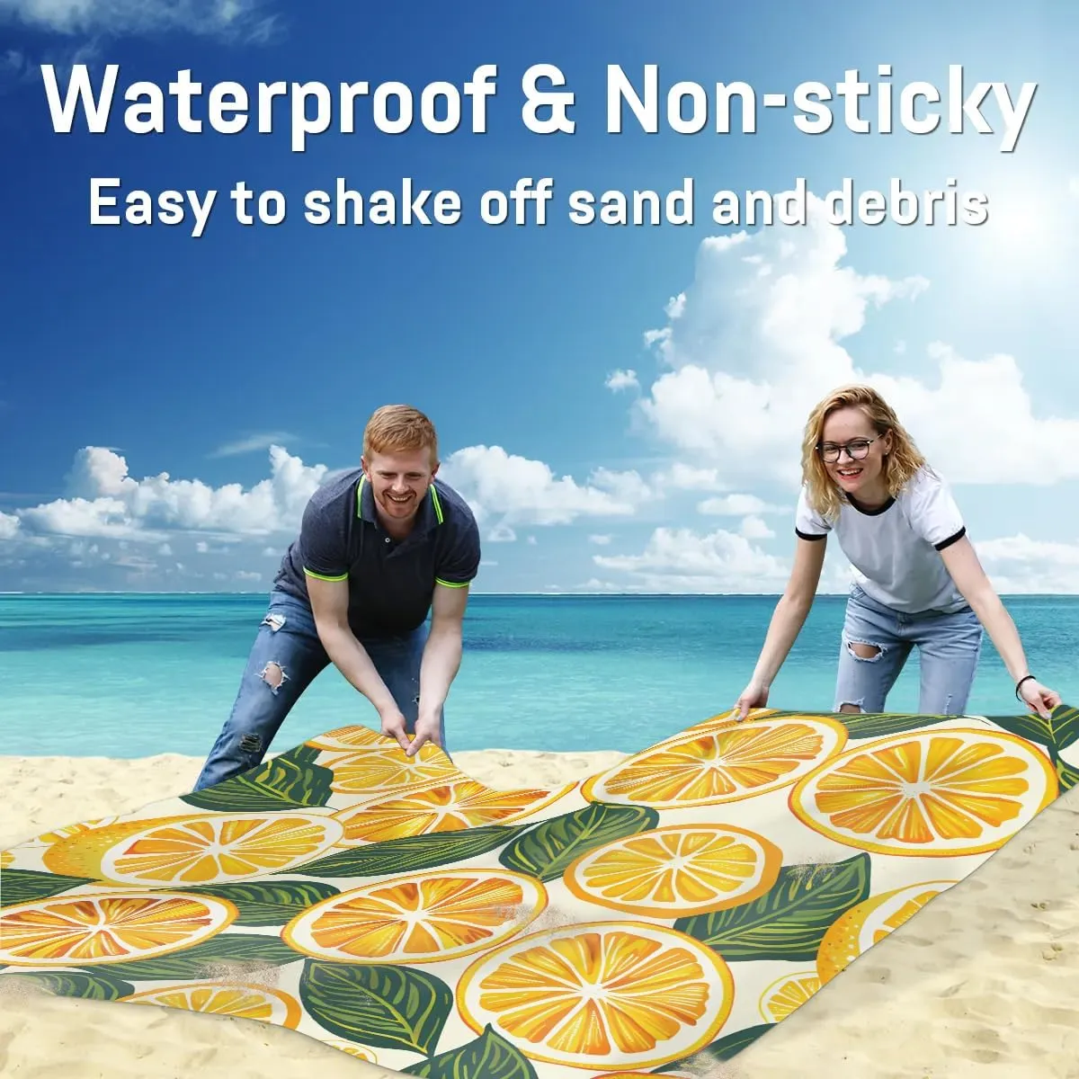 Oranges Lemon Beach Blanket, Sandproof Beach Mat, 68 x 59 Waterproof Quick Drying Sand Free Mat with 4 x Ground Spikes for Outdoor Travel Camping Hiking, Orange Fruit Leaves