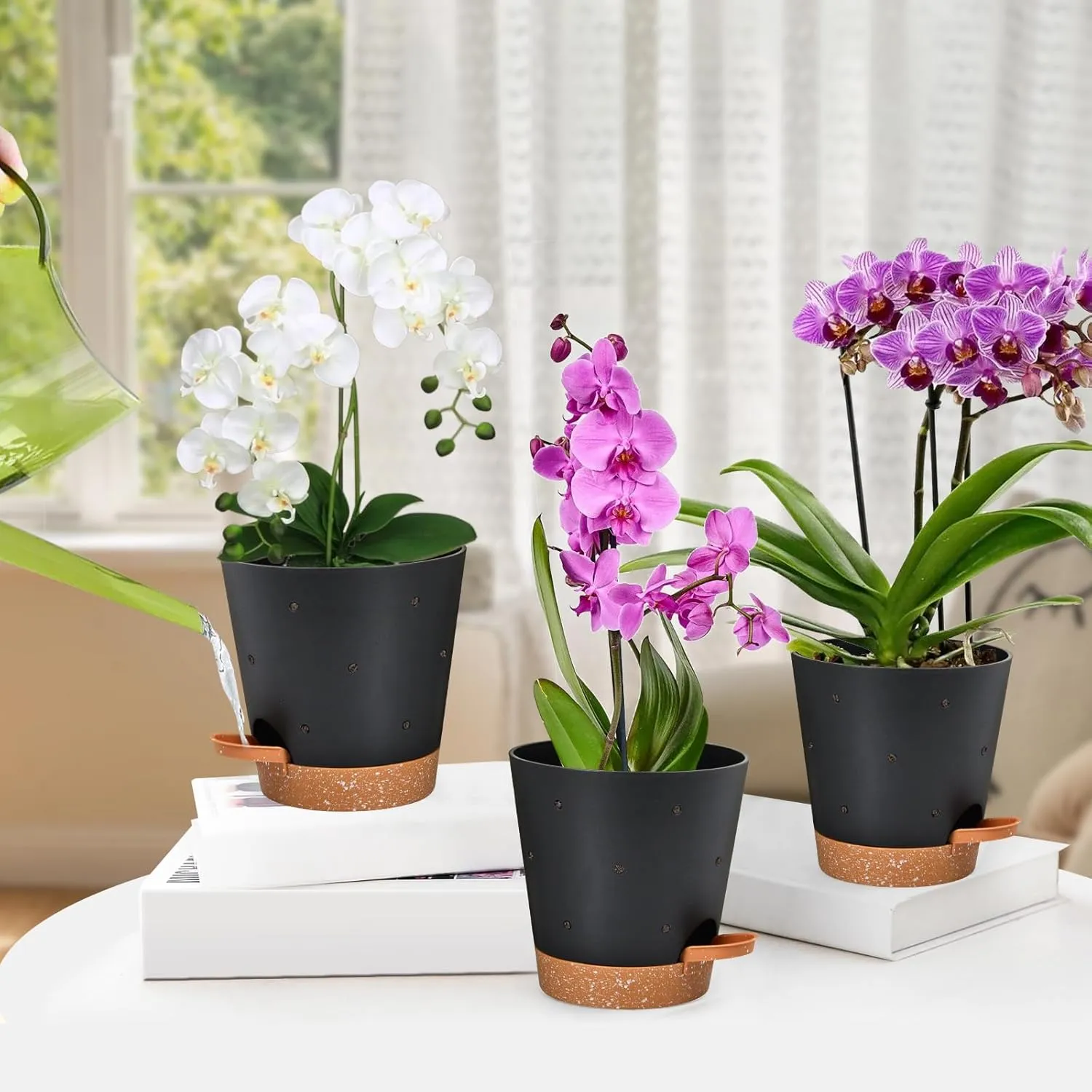 Orchid Pots with Holes, 6 Inch Self Watering Orchid Pot 2 Pack Plastic Plant Pots for Orchid, Flower (Black Brown)