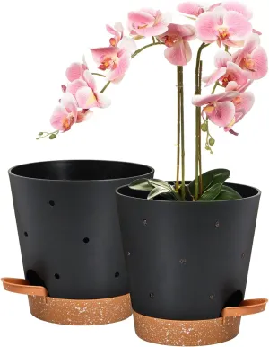 Orchid Pots with Holes, 6 Inch Self Watering Orchid Pot 2 Pack Plastic Plant Pots for Orchid, Flower (Black Brown)