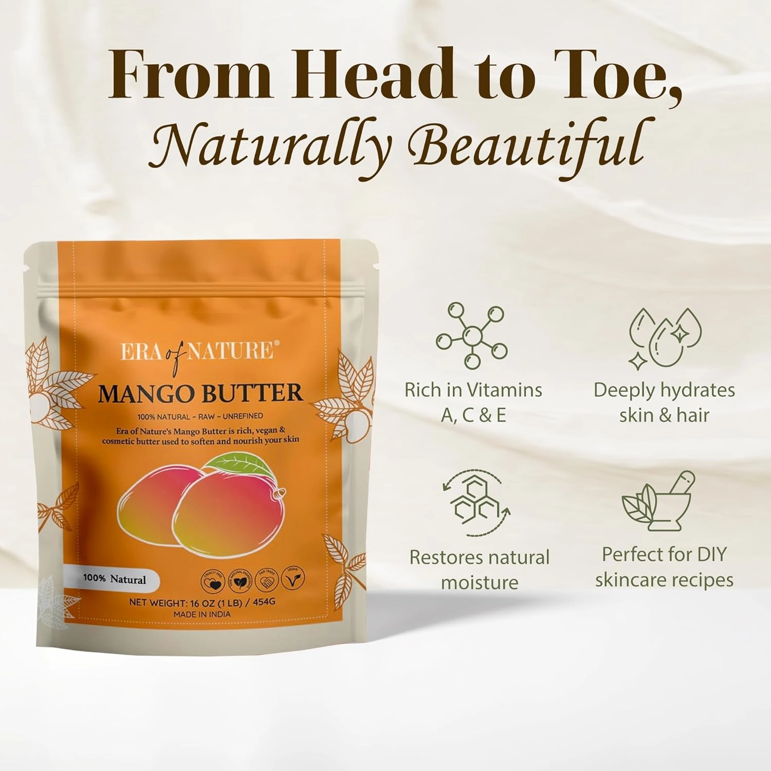 Organic Unrefined Raw Mango Body Butter Block 16oz - Moisturizing Mango Seed Raw Butter Bar for Skin & Hair, DIY Lip Balm Base, Cream, Soap & Lotion Making Supplies, Personal Skincare