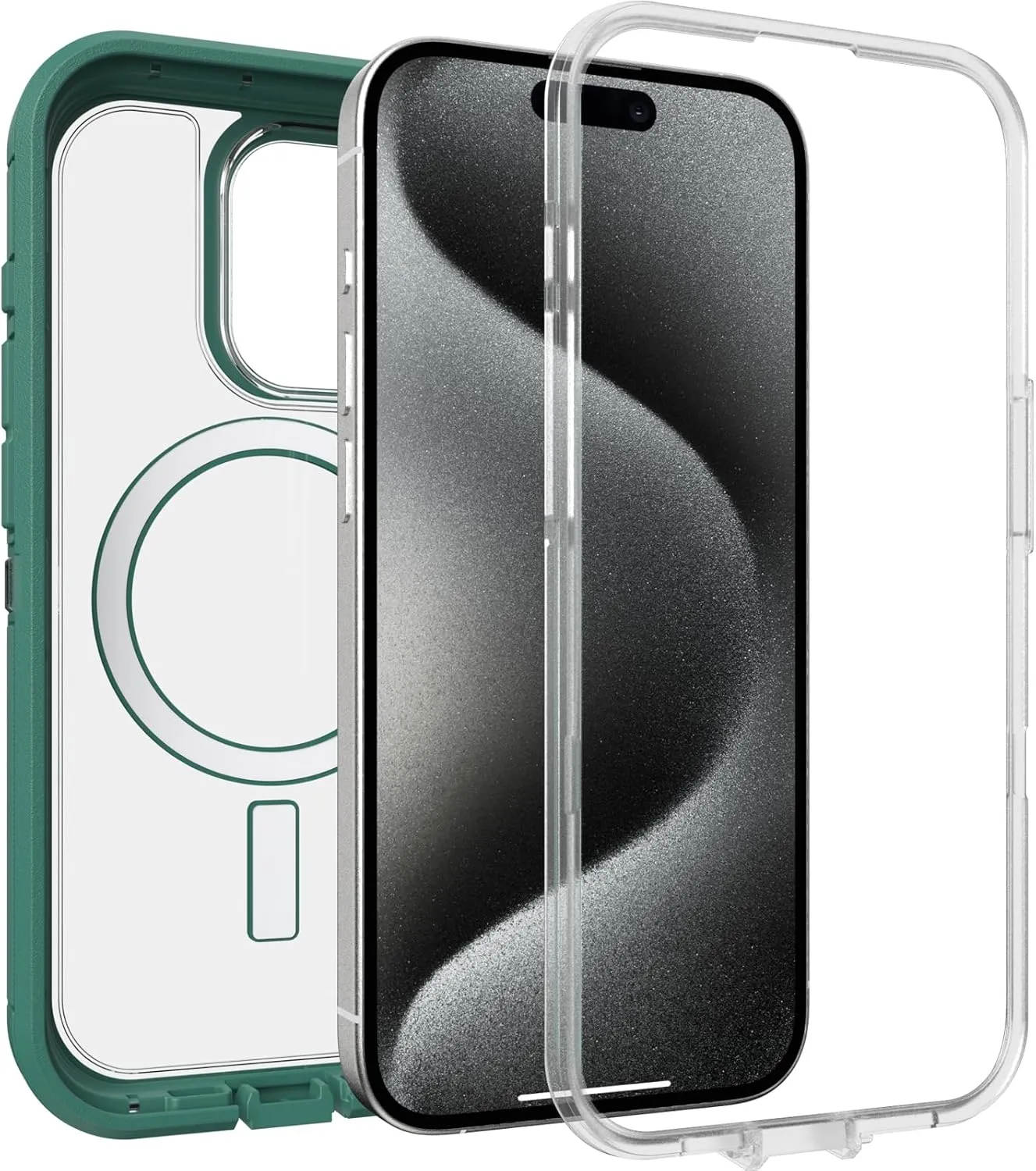 OtterBox iPhone 15 Pro (Only) Defender Series XT Clear Case - Velvet Evergreen (Clear), screenless, Rugged, Snaps to MagSafe, Lanyard Attachment
