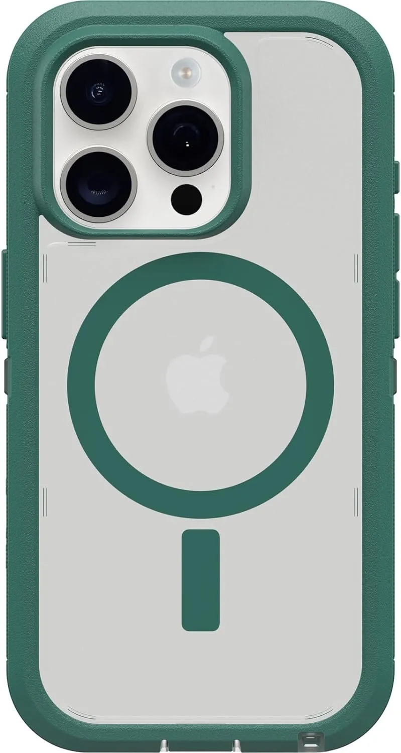 OtterBox iPhone 15 Pro (Only) Defender Series XT Clear Case - Velvet Evergreen (Clear), screenless, Rugged, Snaps to MagSafe, Lanyard Attachment