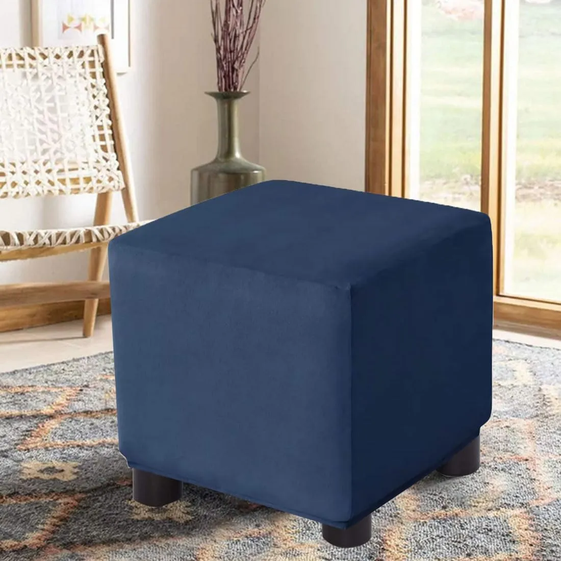 Ottoman Cover Square Velvet Storage Ottoman Slipcovers Thick Stretch Footrest Foot Stool Covers Protector with Elastic Band(Small-Navy)