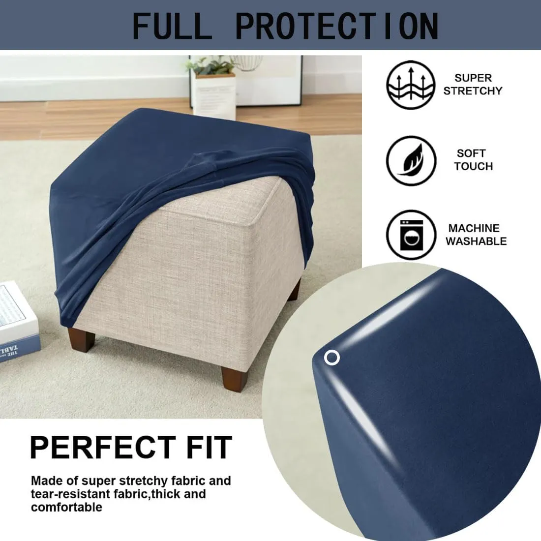 Ottoman Cover Square Velvet Storage Ottoman Slipcovers Thick Stretch Footrest Foot Stool Covers Protector with Elastic Band(Small-Navy)