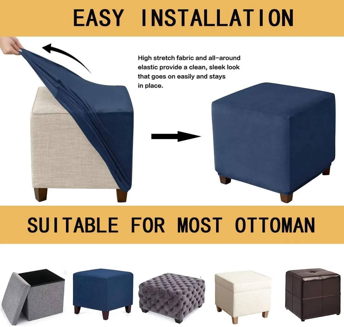 Ottoman Cover Square Velvet Storage Ottoman Slipcovers Thick Stretch Footrest Foot Stool Covers Protector with Elastic Band(Small-Navy)