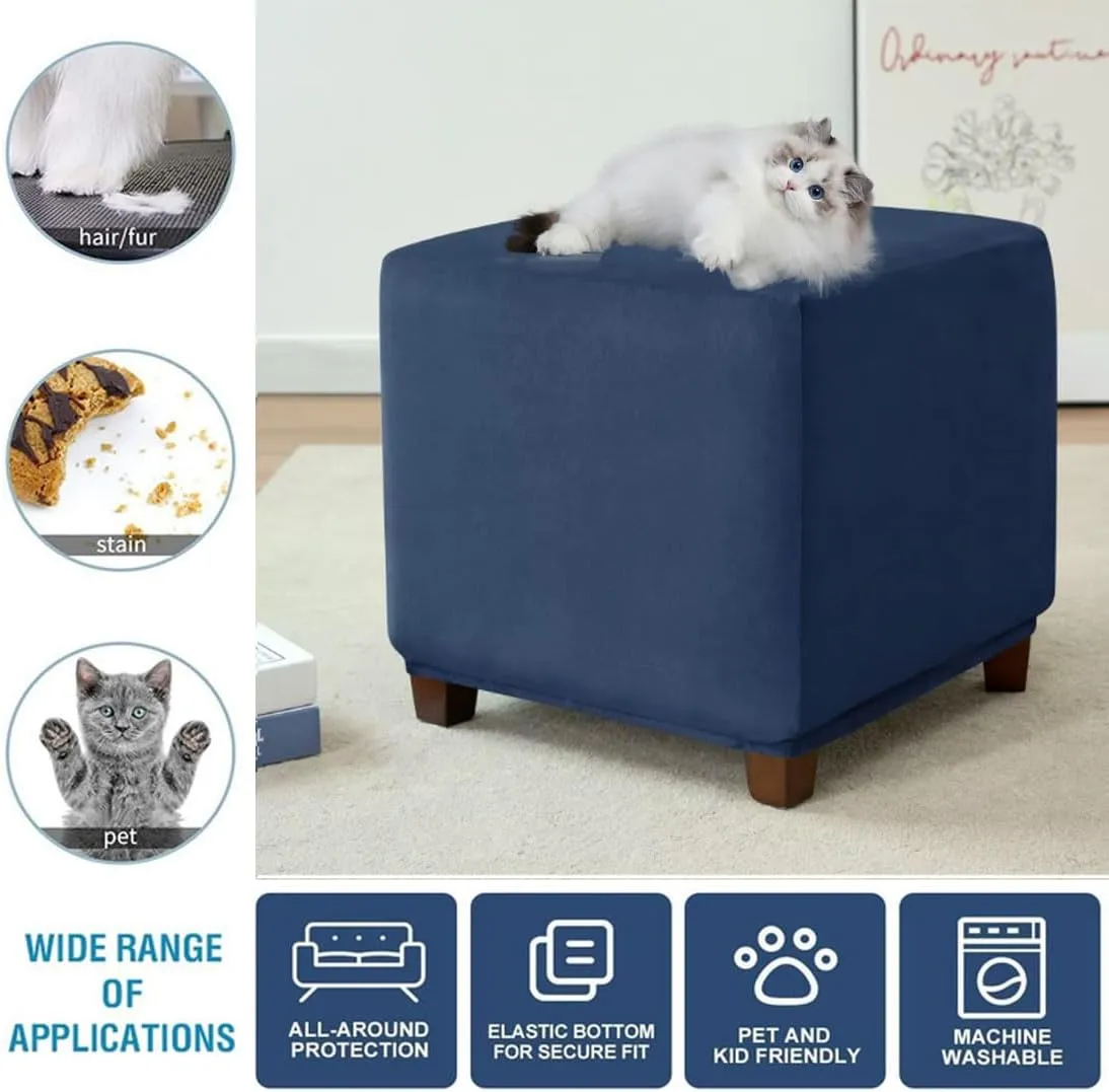 Ottoman Cover Square Velvet Storage Ottoman Slipcovers Thick Stretch Footrest Foot Stool Covers Protector with Elastic Band(Small-Navy)