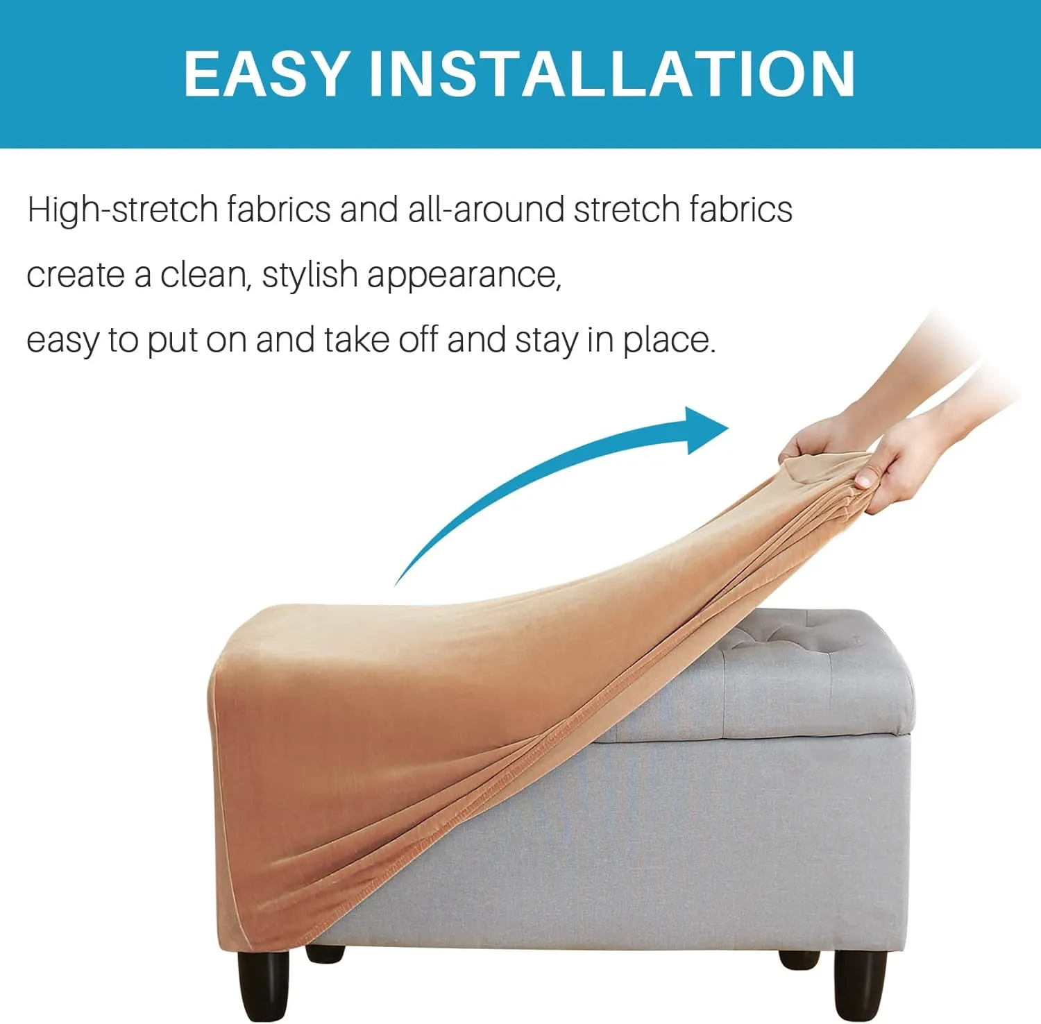 Ottoman Cover, Stretch Rectangle Velvet Ottoman Slipcovers of Foot Stool for Living Room, Folding Storage Furniture Protector with Elastic Bottom, Machine Washable(Camel, L)