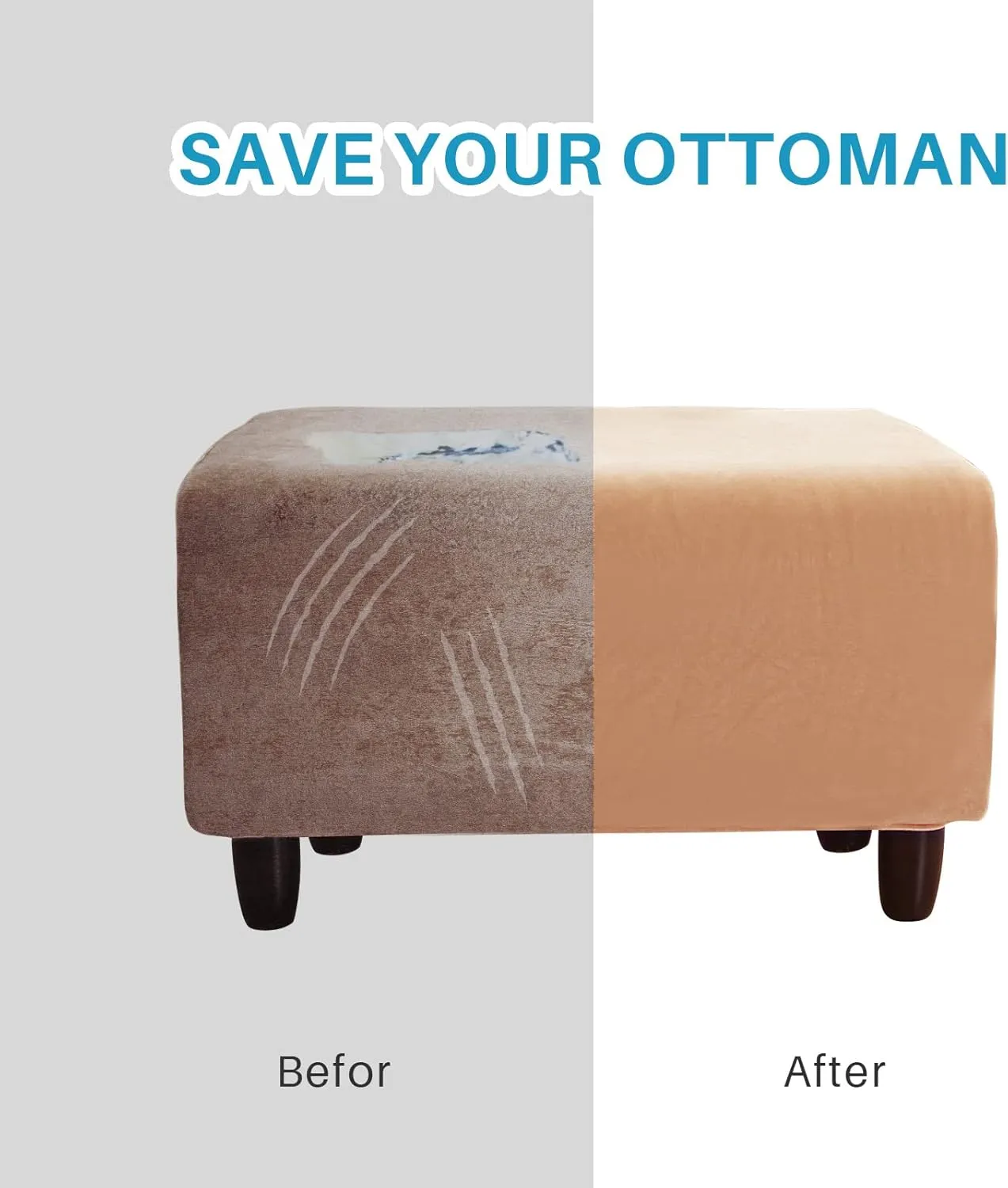 Ottoman Cover, Stretch Rectangle Velvet Ottoman Slipcovers of Foot Stool for Living Room, Folding Storage Furniture Protector with Elastic Bottom, Machine Washable(Camel, L)