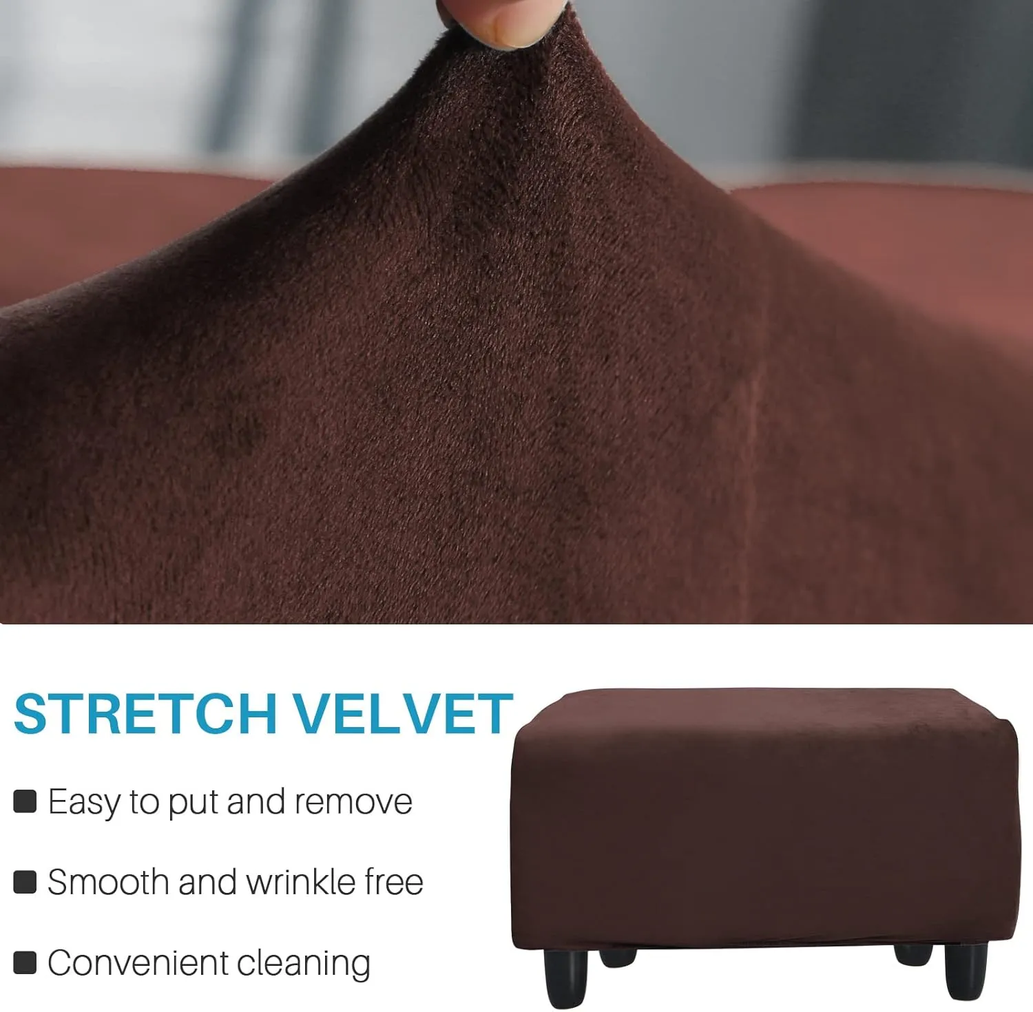 Ottoman Cover, Stretch Rectangle Velvet Ottoman Slipcovers of Foot Stool for Living Room, Folding Storage Furniture Protector with Elastic Bottom, Machine Washable(Dark Brown, L)