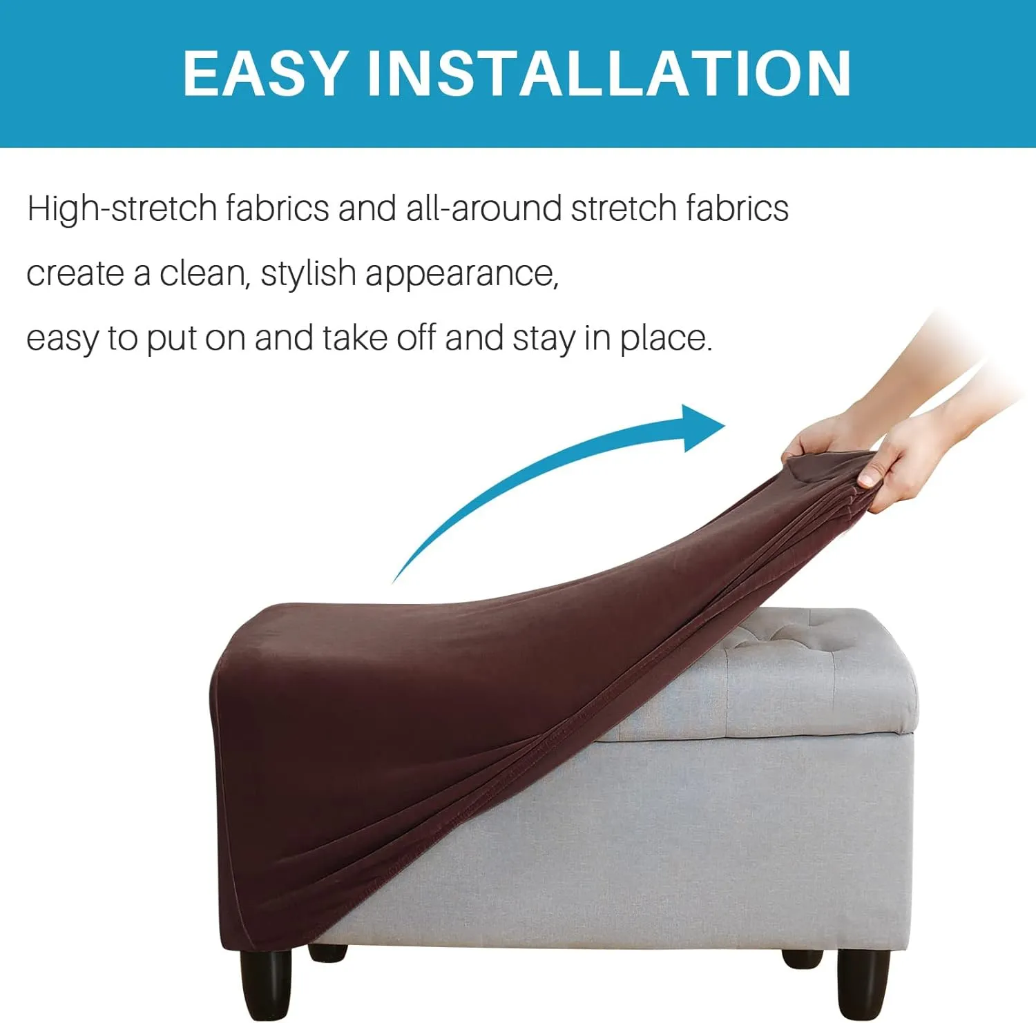 Ottoman Cover, Stretch Rectangle Velvet Ottoman Slipcovers of Foot Stool for Living Room, Folding Storage Furniture Protector with Elastic Bottom, Machine Washable(Dark Brown, L)