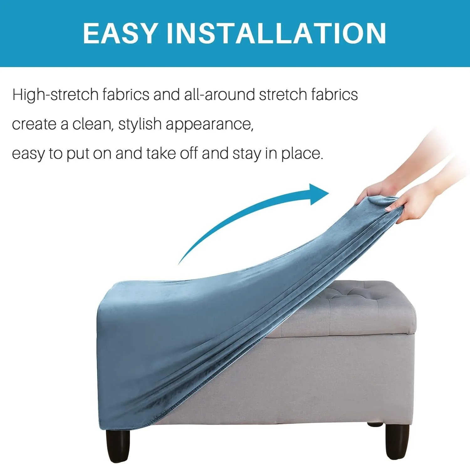 Ottoman Cover, Stretch Rectangle Velvet Ottoman Slipcovers of Foot Stool for Living Room, Folding Storage Furniture Protector with Elastic Bottom, Machine Washable(Gray Blue, L)