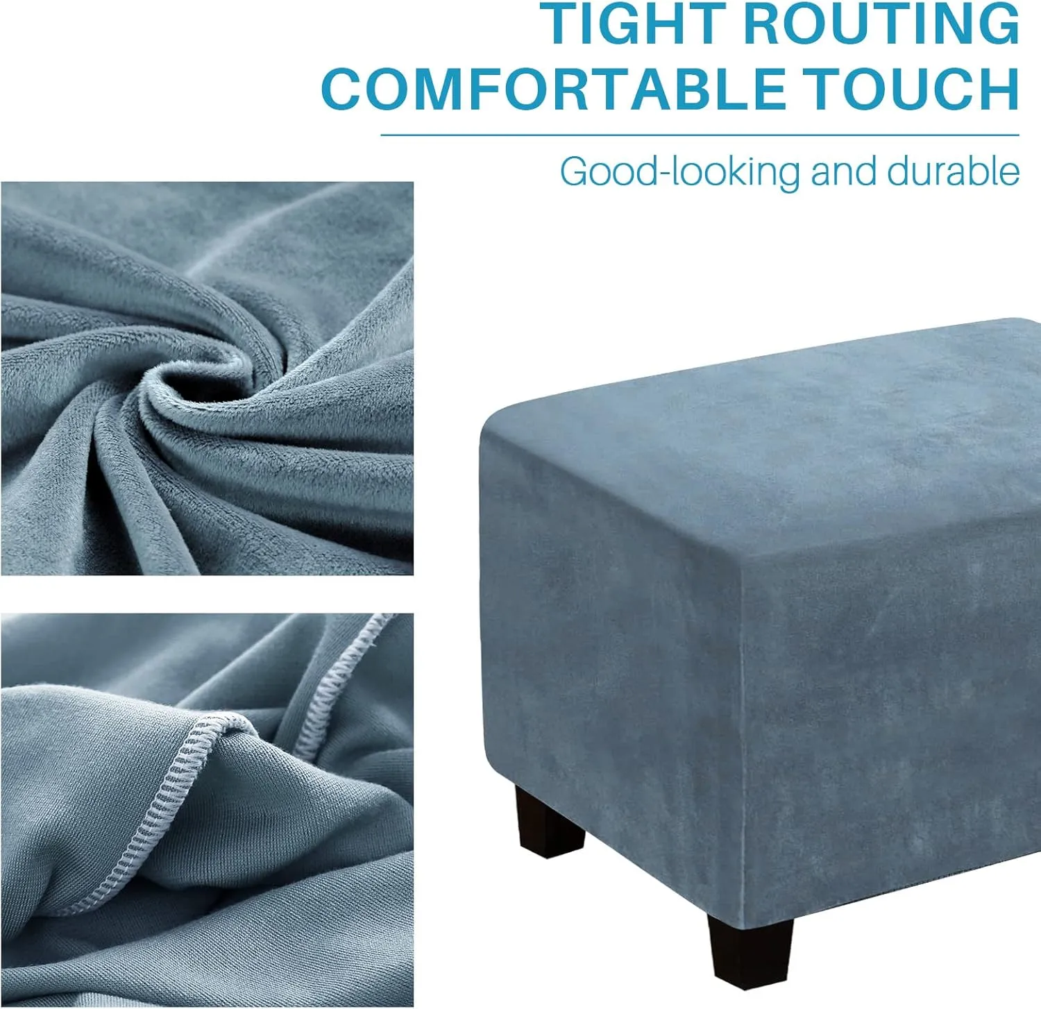 Ottoman Cover, Stretch Rectangle Velvet Ottoman Slipcovers of Foot Stool for Living Room, Folding Storage Furniture Protector with Elastic Bottom, Machine Washable(Gray Blue, L)