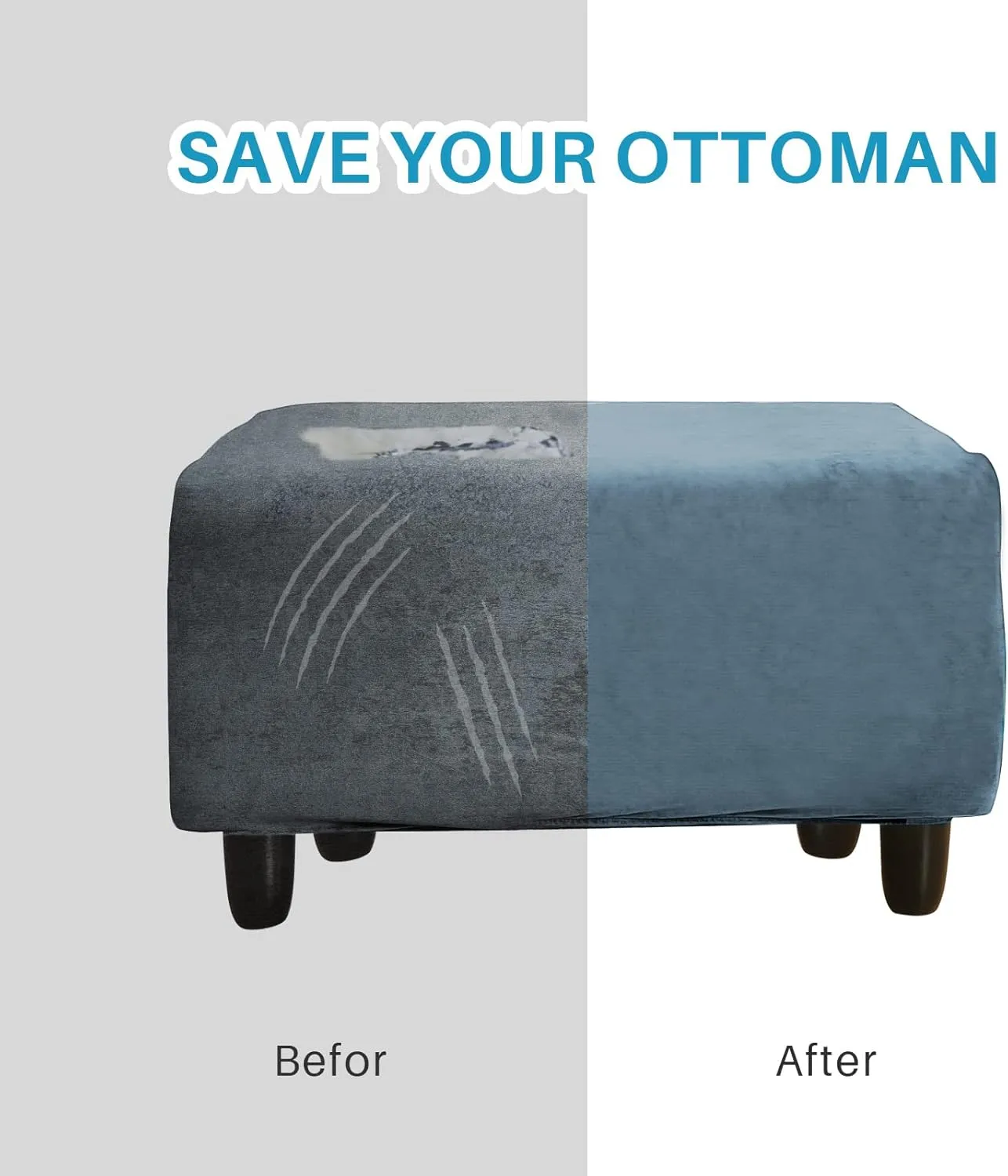 Ottoman Cover, Stretch Rectangle Velvet Ottoman Slipcovers of Foot Stool for Living Room, Folding Storage Furniture Protector with Elastic Bottom, Machine Washable(Gray Blue, L)