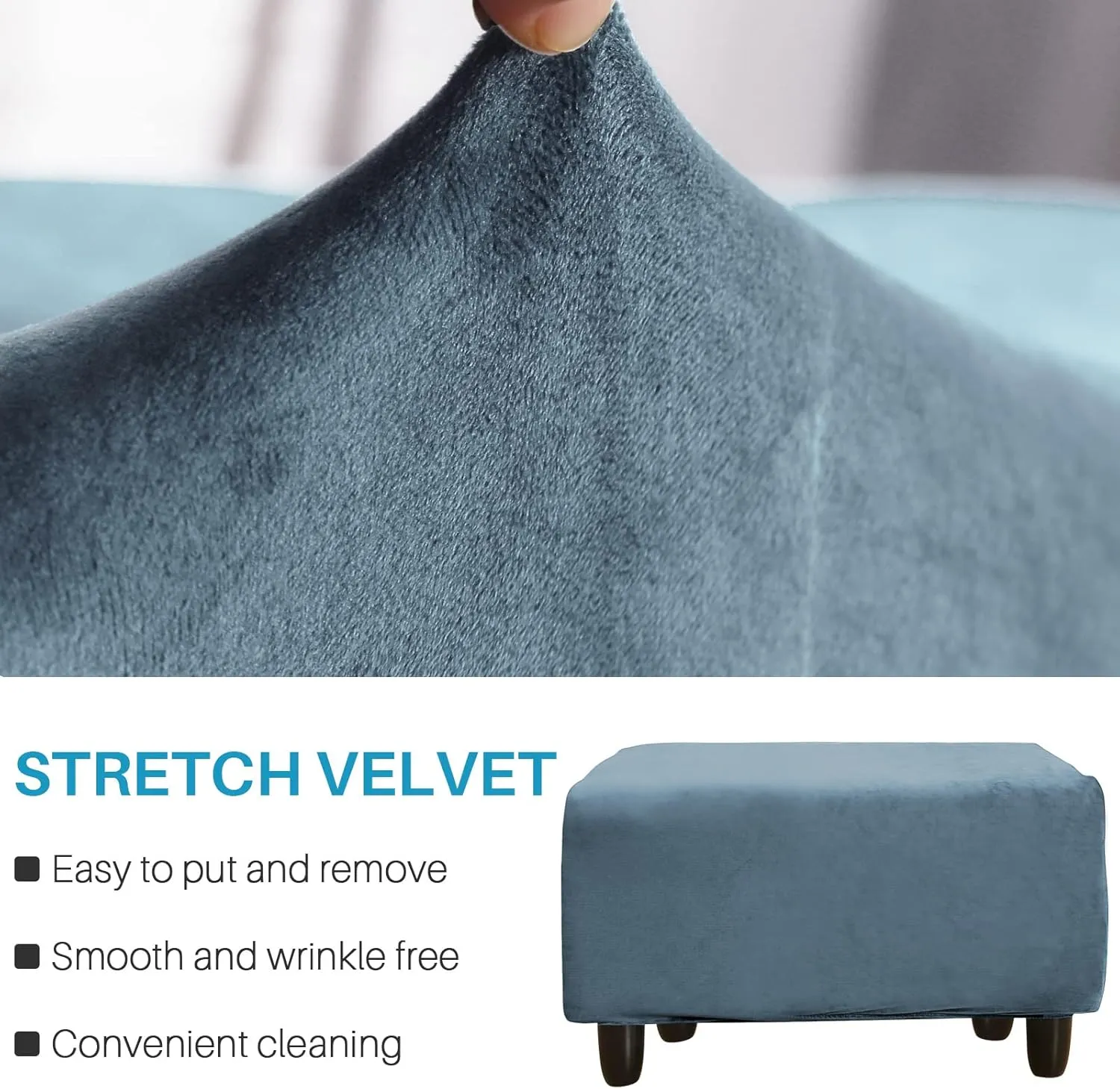 Ottoman Cover, Stretch Rectangle Velvet Ottoman Slipcovers of Foot Stool for Living Room, Folding Storage Furniture Protector with Elastic Bottom, Machine Washable(Gray Blue, L)