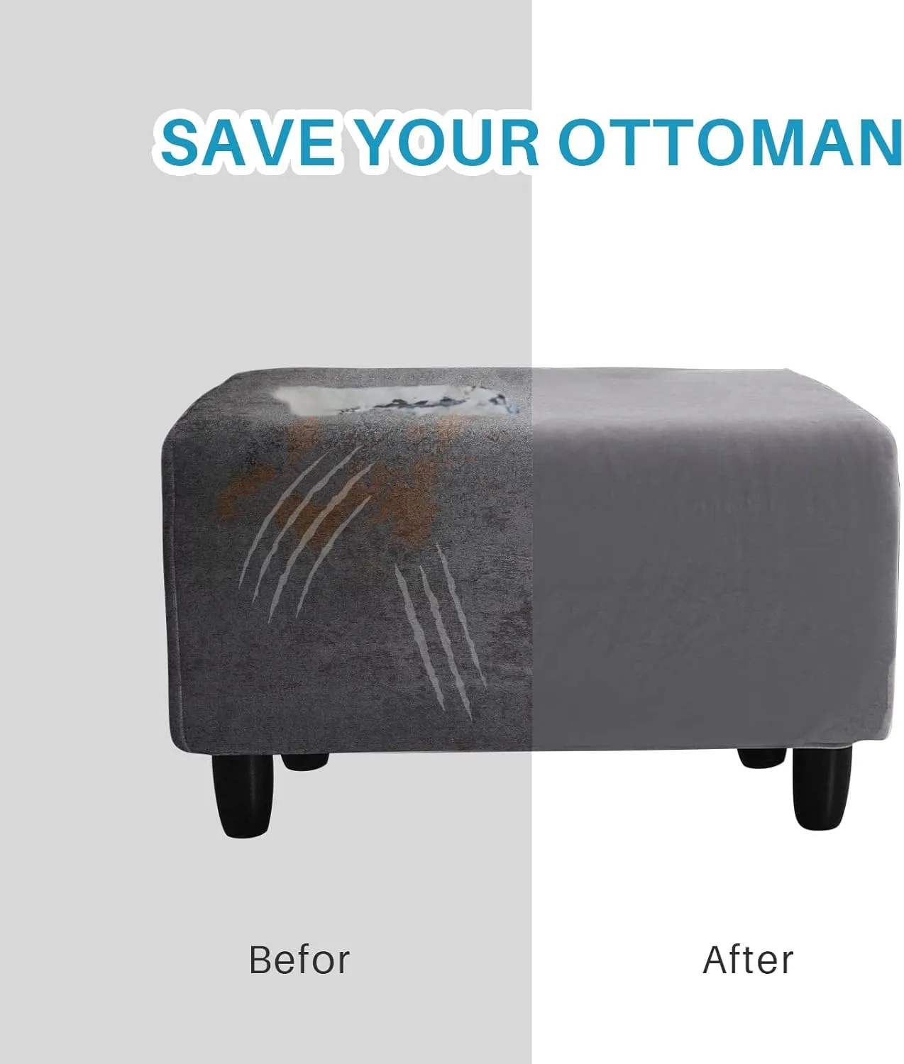 Ottoman Cover, Stretch Rectangle Velvet Ottoman Slipcovers of Foot Stool for Living Room, Folding Storage Furniture Protector with Elastic Bottom, Machine Washable(Gray, L)