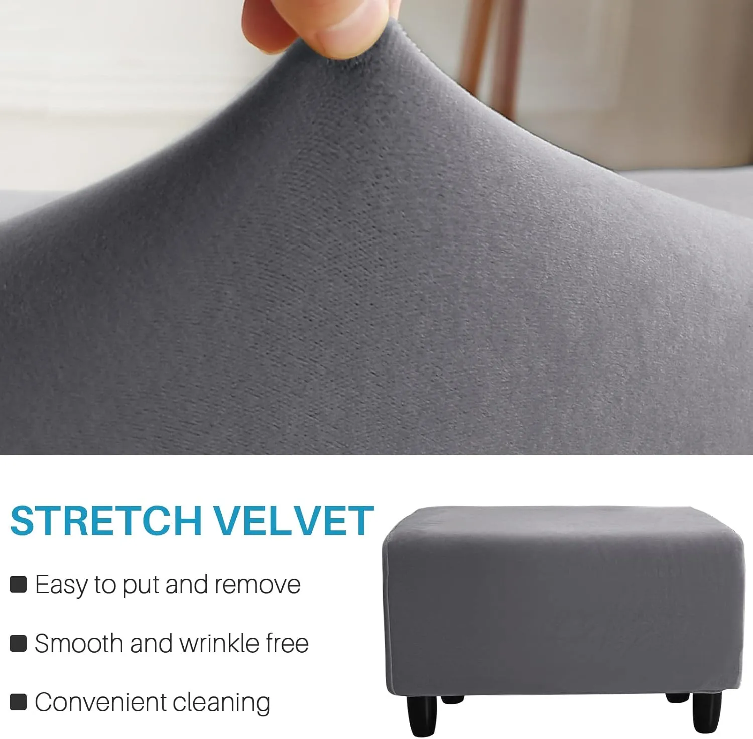 Ottoman Cover, Stretch Rectangle Velvet Ottoman Slipcovers of Foot Stool for Living Room, Folding Storage Furniture Protector with Elastic Bottom, Machine Washable(Gray, L)