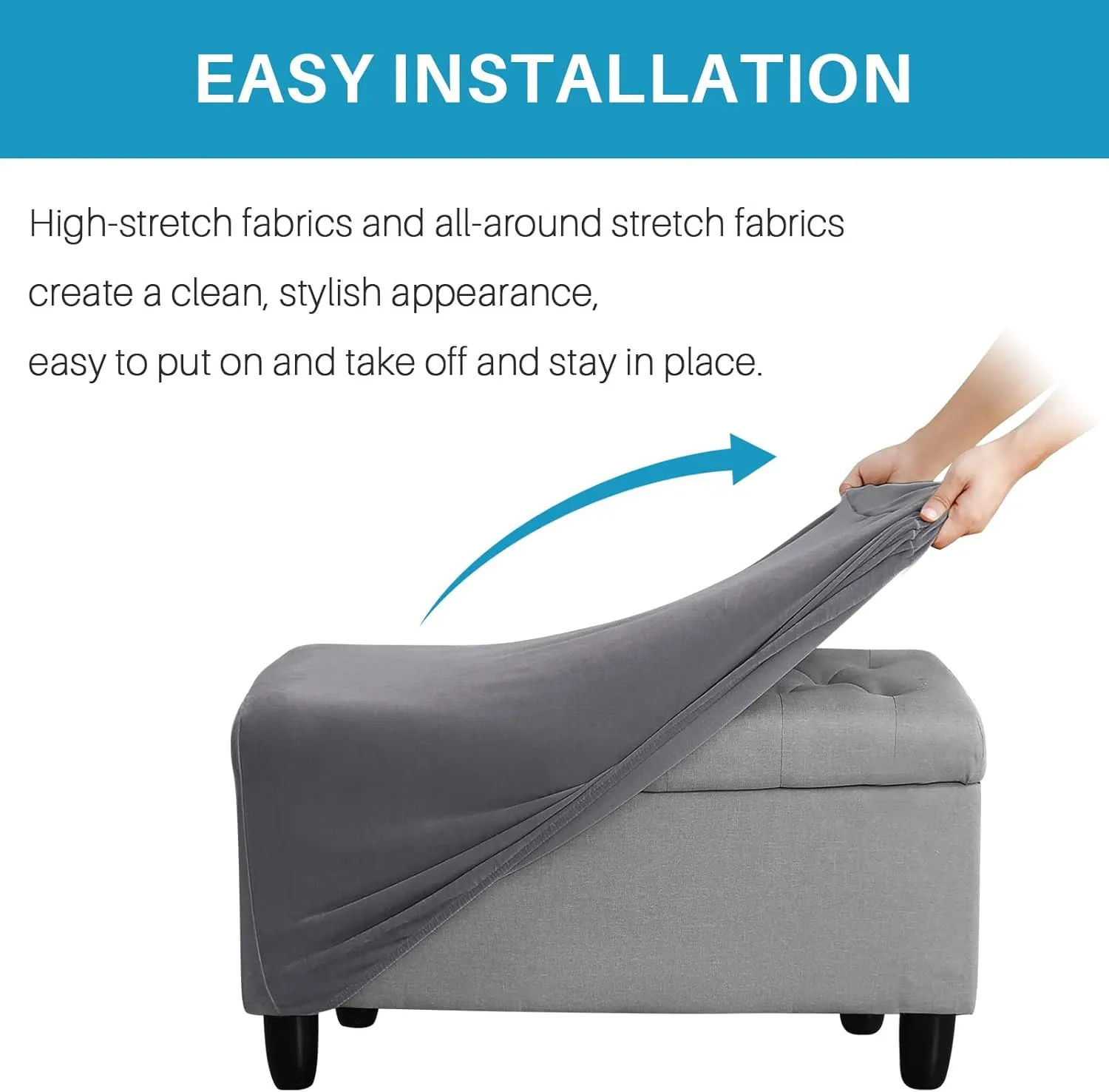 Ottoman Cover, Stretch Rectangle Velvet Ottoman Slipcovers of Foot Stool for Living Room, Folding Storage Furniture Protector with Elastic Bottom, Machine Washable(Gray, L)