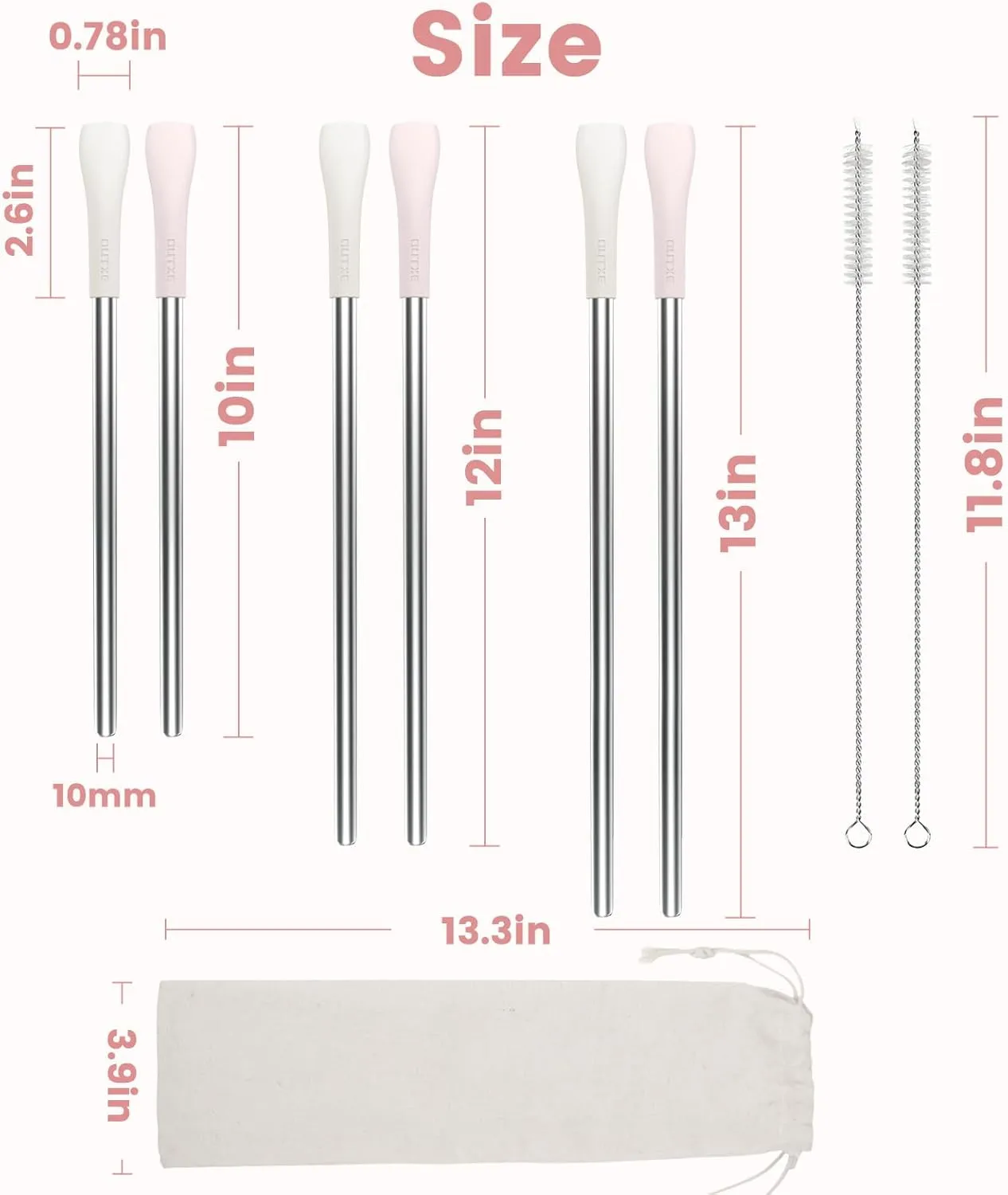 OUTXE Anti Wrinkle Straw 6 Pcs, Flat Wide Drinking Straw for Stanley Cup 40 oz 30 oz, Reusable Wrinkle Free Long Stainless Steel Metal Straw for Lip with Cleaning Brush and Carrying Bag