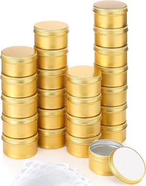 Patelai 4 oz Metal Round Tins Aluminum Tin Cans Salve Tins Containers with Screw Lid 10 Sheets Stickers for Salve Spice Candies Balms Candles (Gold)