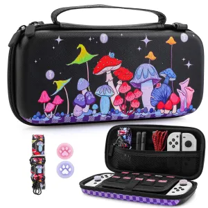 PAWDIARY Mushroom Carrying Case for Nintendo Switch & OLED Console, Black Hard Travel Case Shell Pouch, Cute Girl Boy Storage Carry Bag with Shoulder Strap, Thumb Cap for Nintendo Switch Accessories