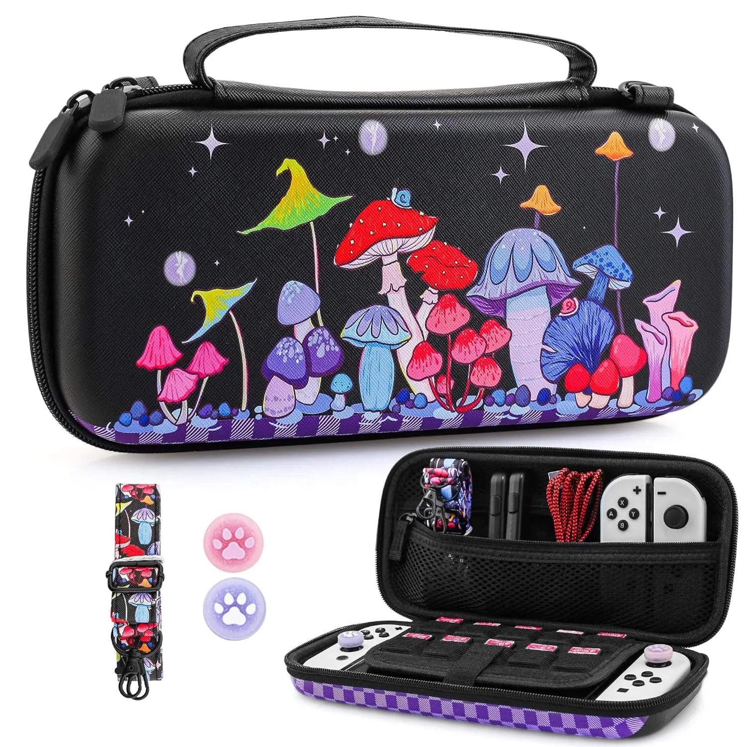 PAWDIARY Mushroom Carrying Case for Nintendo Switch & OLED Console, Black Hard Travel Case Shell Pouch, Cute Girl Boy Storage Carry Bag with Shoulder Strap, Thumb Cap for Nintendo Switch Accessories