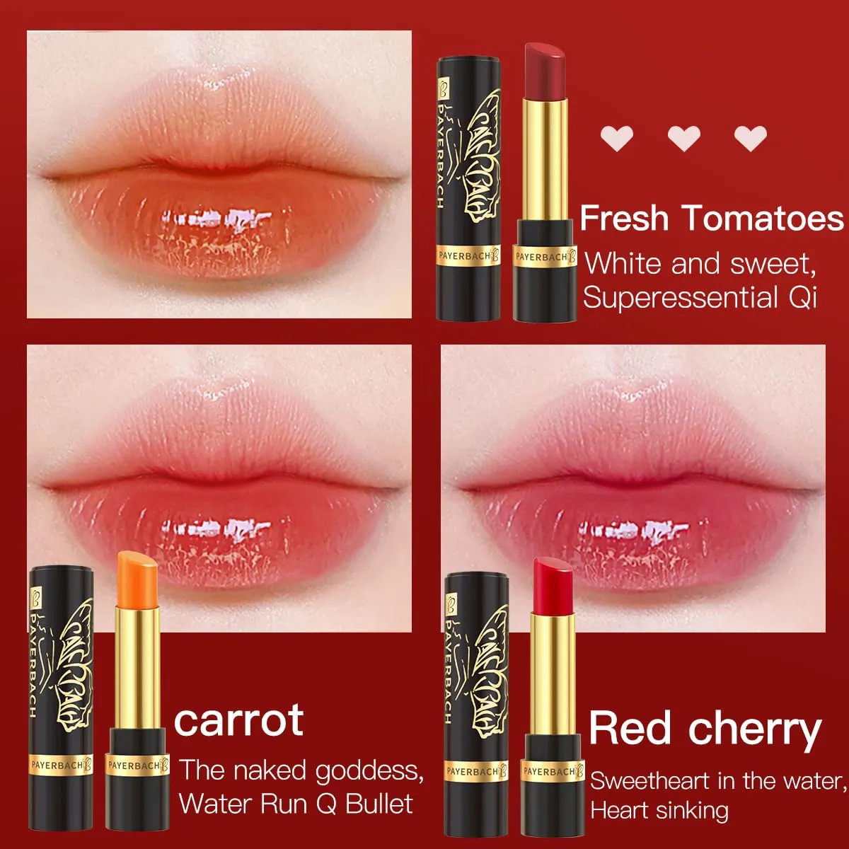 Payerbach Moisturizing Lip Color, Dual Action Makeup and Care, Upgraded Version, 02 03 Cherry Tomato