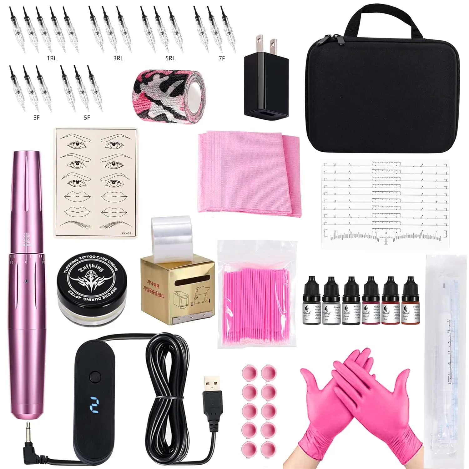 Permanent Eyebrow Makeup Tattoo Pen Kit for Eyebrow Lip Eyeliner Complete Rotary Tattoo Pen Machine Kit with 20pcs Cartridge Needles Microblading Supplies Tattoo Inks for Artists