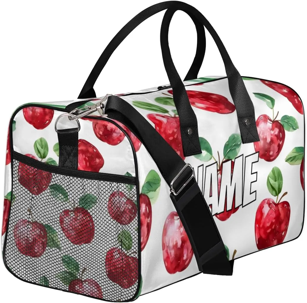 Personalized Cute Apples Pattern Travel Duffel Bag with Name, Custom Gym Sport Bag Ripe Fruit Carry On Weekend Overnight Duffel Bag for Men Women