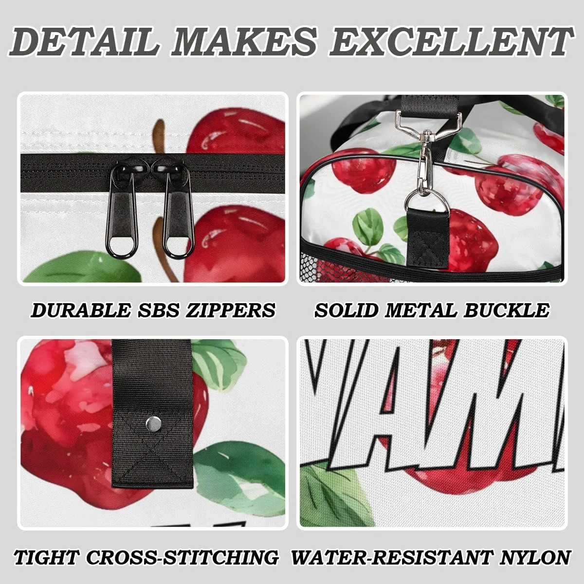 Personalized Cute Apples Pattern Travel Duffel Bag with Name, Custom Gym Sport Bag Ripe Fruit Carry On Weekend Overnight Duffel Bag for Men Women