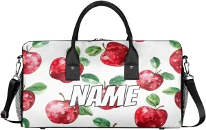 Personalized Cute Apples Pattern Travel Duffel Bag with Name, Custom Gym Sport Bag Ripe Fruit Carry On Weekend Overnight Duffel Bag for Men Women