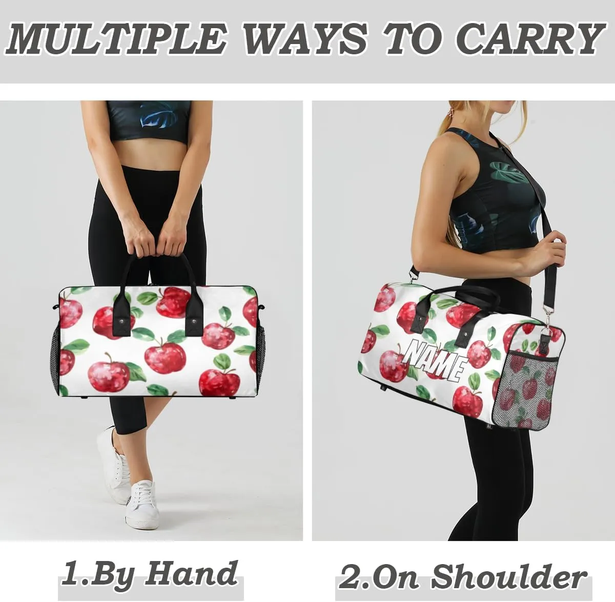 Personalized Cute Apples Pattern Travel Duffel Bag with Name, Custom Gym Sport Bag Ripe Fruit Carry On Weekend Overnight Duffel Bag for Men Women