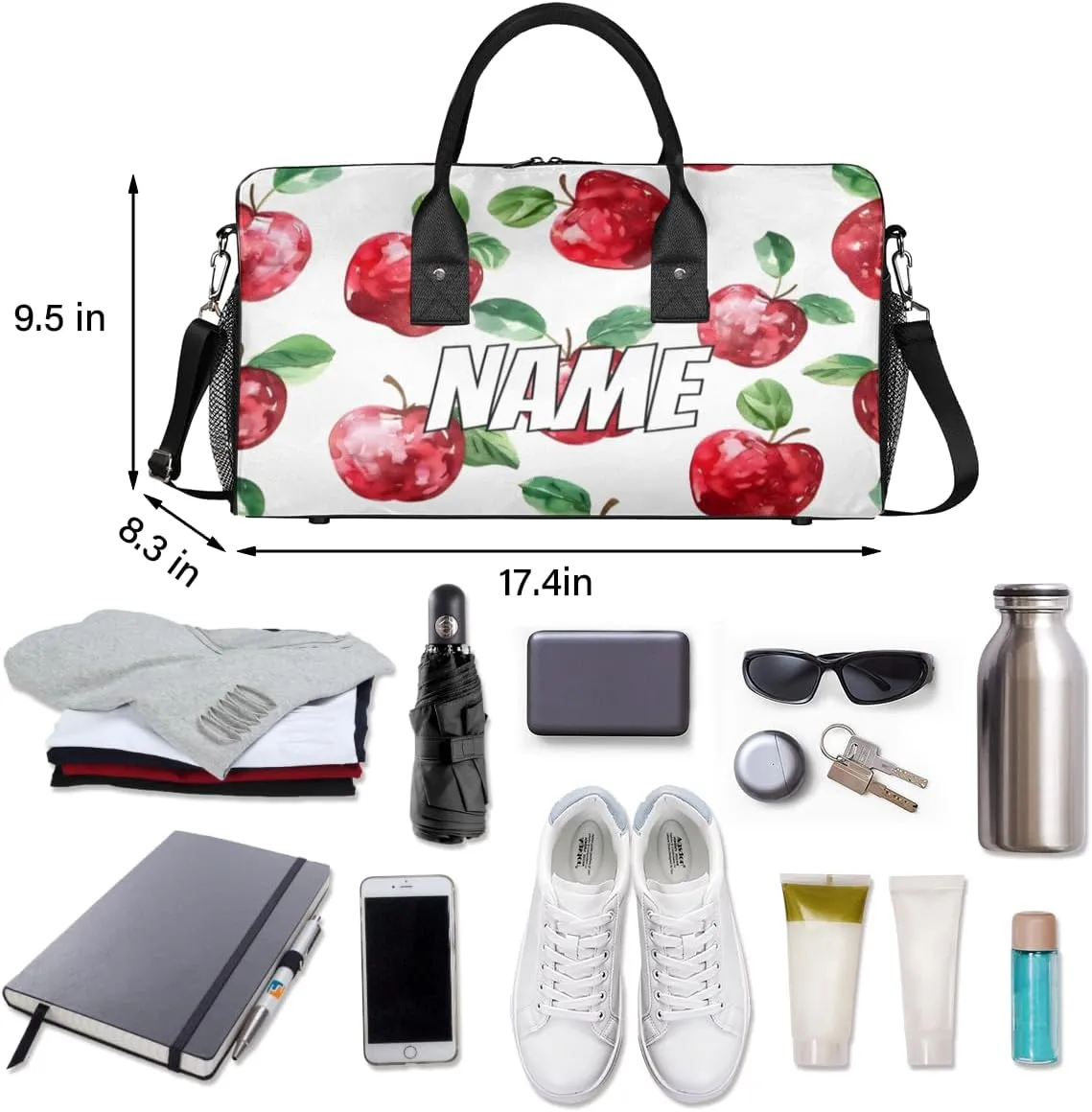 Personalized Cute Apples Pattern Travel Duffel Bag with Name, Custom Gym Sport Bag Ripe Fruit Carry On Weekend Overnight Duffel Bag for Men Women