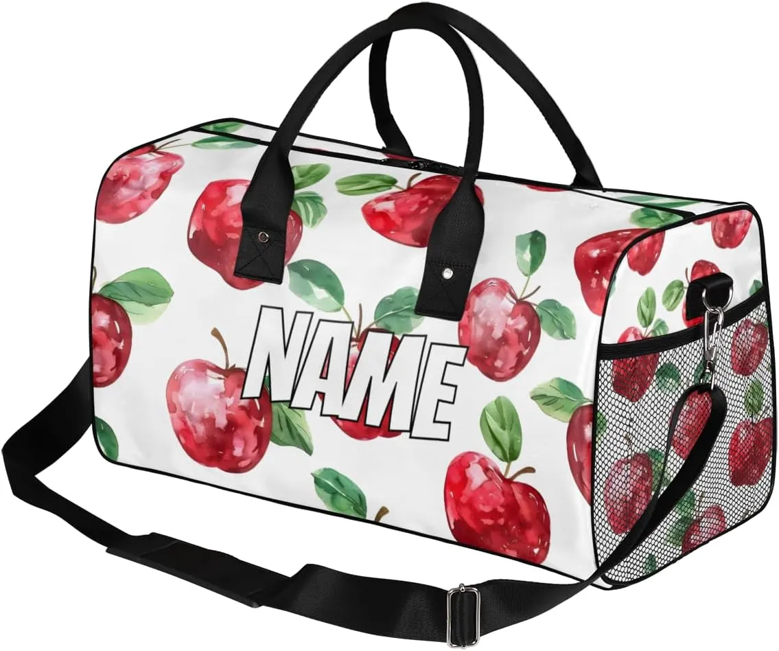 Personalized Cute Apples Pattern Travel Duffel Bag with Name, Custom Gym Sport Bag Ripe Fruit Carry On Weekend Overnight Duffel Bag for Men Women