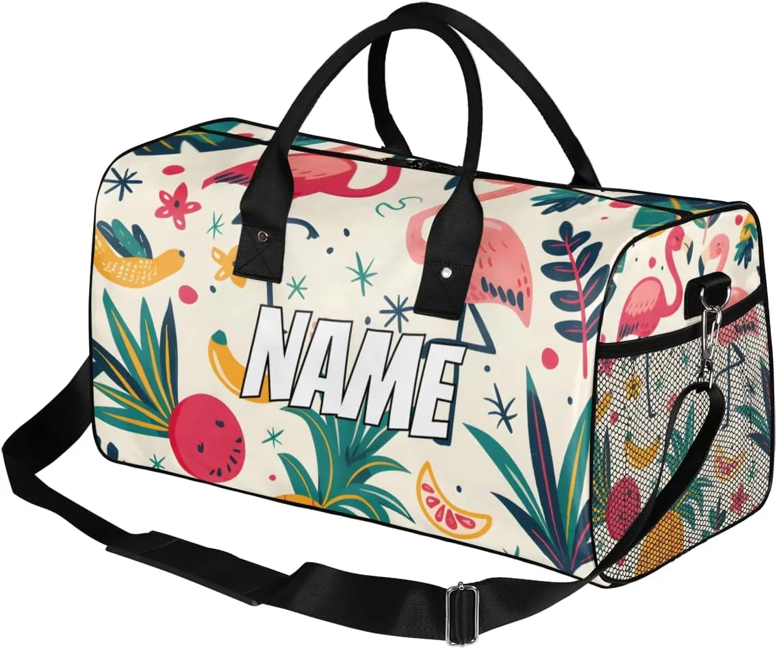 Personalized Cute Flamingos Travel Duffel Bag with Name, Custom Gym Sport Bag Tropical Fruit Carry On Weekend Overnight Duffel Bag for Men Women
