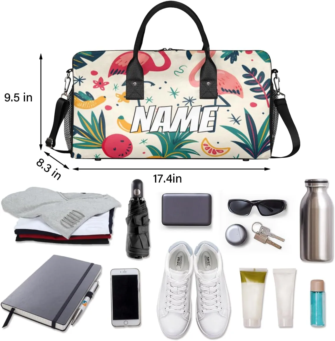 Personalized Cute Flamingos Travel Duffel Bag with Name, Custom Gym Sport Bag Tropical Fruit Carry On Weekend Overnight Duffel Bag for Men Women