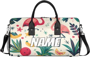 Personalized Cute Flamingos Travel Duffel Bag with Name, Custom Gym Sport Bag Tropical Fruit Carry On Weekend Overnight Duffel Bag for Men Women