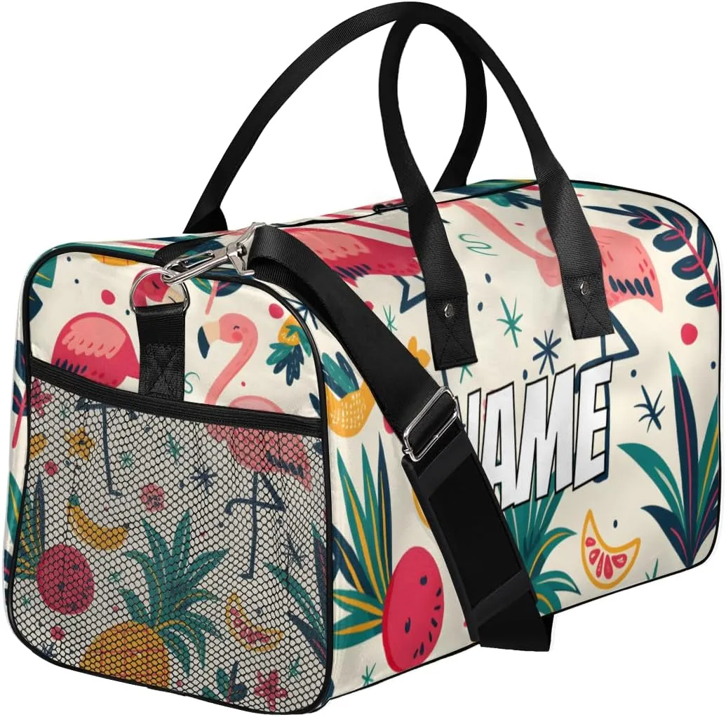 Personalized Cute Flamingos Travel Duffel Bag with Name, Custom Gym Sport Bag Tropical Fruit Carry On Weekend Overnight Duffel Bag for Men Women