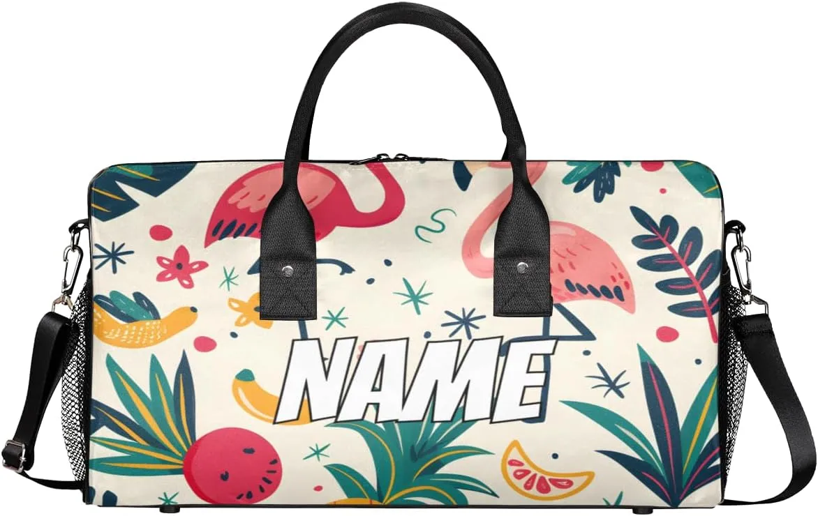 Personalized Cute Flamingos Travel Duffel Bag with Name, Custom Gym Sport Bag Tropical Fruit Carry On Weekend Overnight Duffel Bag for Men Women