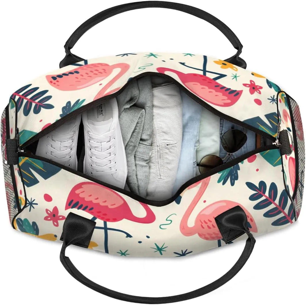 Personalized Cute Flamingos Travel Duffel Bag with Name, Custom Gym Sport Bag Tropical Fruit Carry On Weekend Overnight Duffel Bag for Men Women